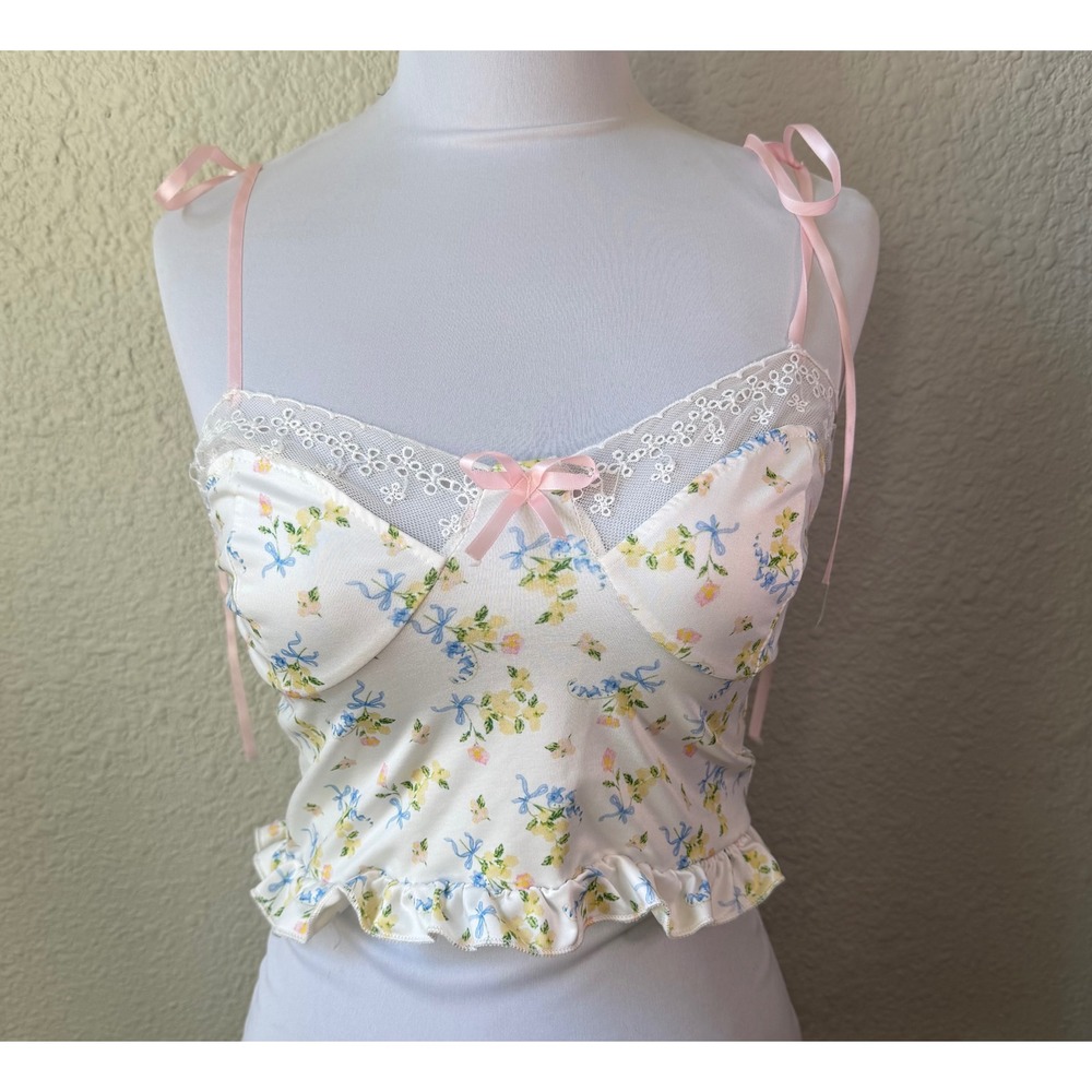 Floral Ribbon Tie Camisole Top Pink Lace Trim Ruffle Hem White Tank Medium